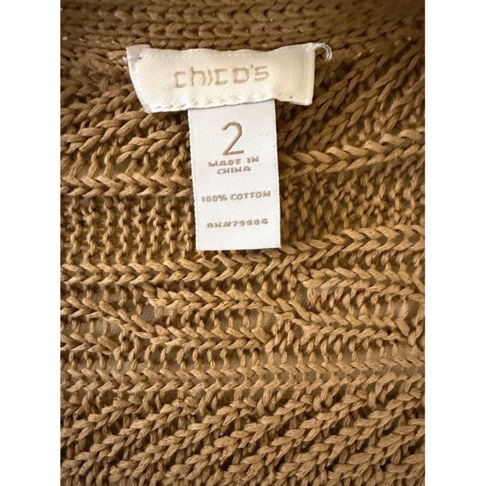 Chicos 2 Large Tan Cotton Cable Knit Open Front Longline Duster Cardigan Sweater - Picture 2 of 8